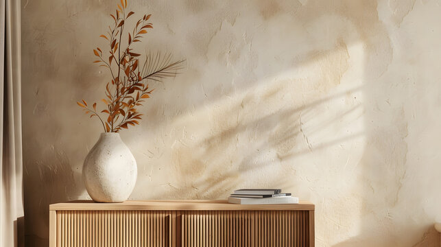 Interior design of aesthetic living room interior with copy space wooden sideboard vase with leaves books modern sculpture beige wall with stucco and personal accessories Home decor Te : Generative AI
