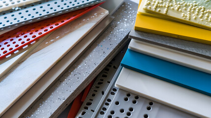 palette of colors designs for interior works samples of plastics PVC for furnishing artificial stone perforated metal coated with a polymer and architectural plans for houses : Generative AI