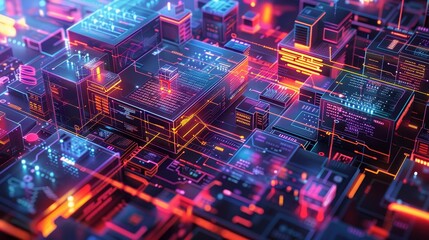 Obraz premium The image is of a circuit board with glowing blue and red lights. The background is black.