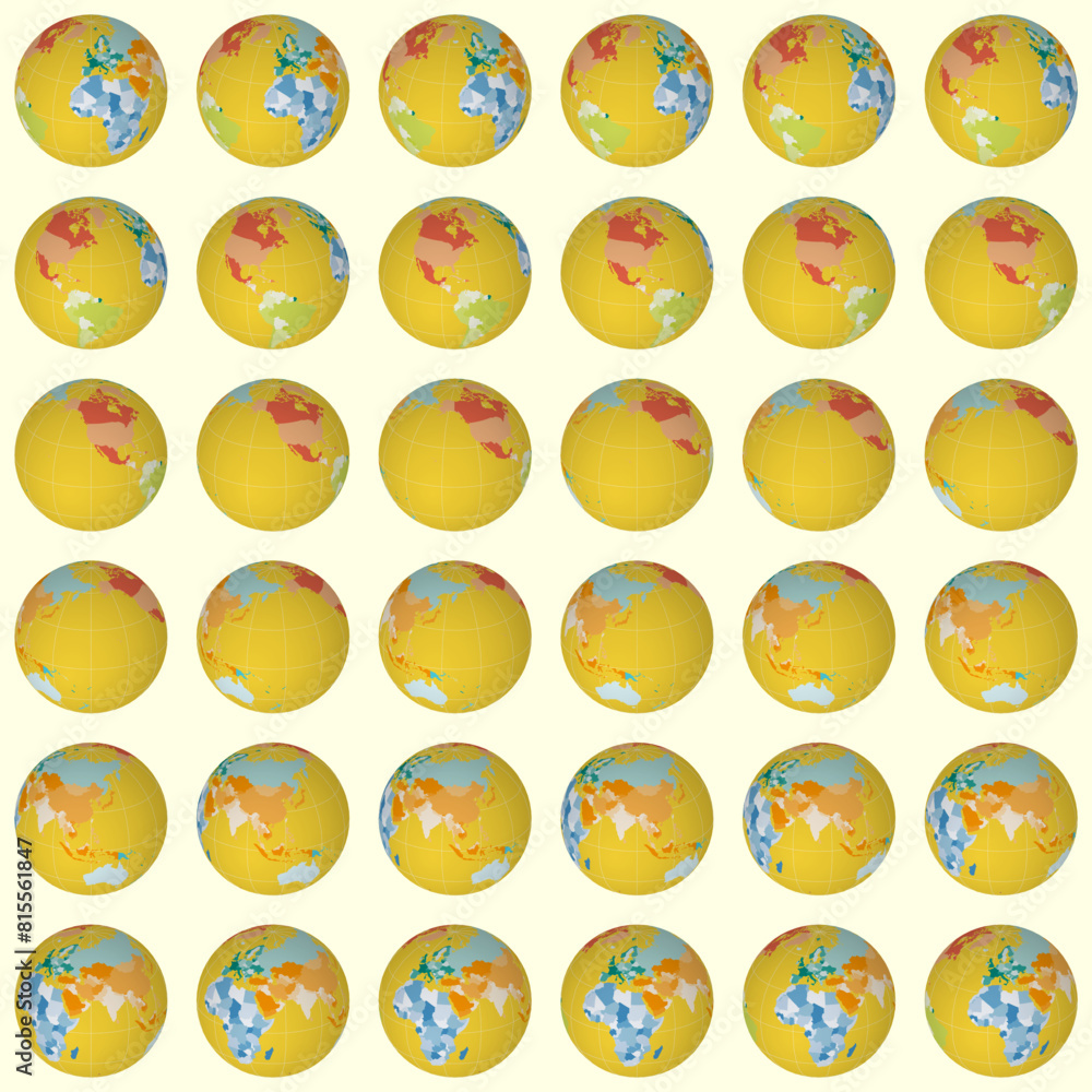 Poster collection of globes. slanted sphere view. rotation step 10 degrees. colored countries style. world 