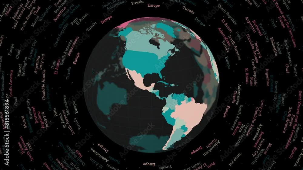 Poster rotating globe. dark translucent globe with round geographical names text. appealing spinning planet