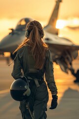 Woman pilot in gear approaching military aircraft at twilight