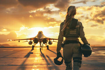 Female pilot walking towards fighter jet at sunset on airstrip
