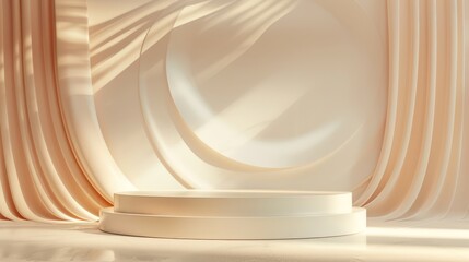 Abstract light pastel stage with a cream 3D podium, designed for showcasing luxury products in a minimalistic room,