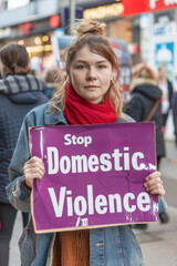 Young woman advocating against domestic violence in urban setting