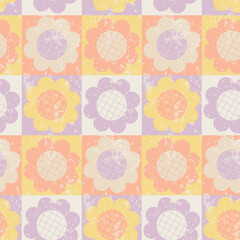 Y2K aesthetics, Groovy Daisy Flowers Seamless Pattern with texture in swatches. Floral Vector Background in 1970s Hippie Retro Style for Print on Textile, Wrapping Paper, Web Design and Social Media.