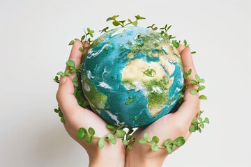 Handheld globe made of green leaves representing eco-friendliness