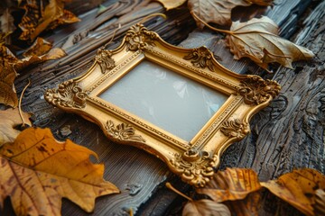 Vintage golden frame on weathered wood with scattered leaves