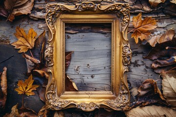 Golden frame with intricate design on aged wooden background