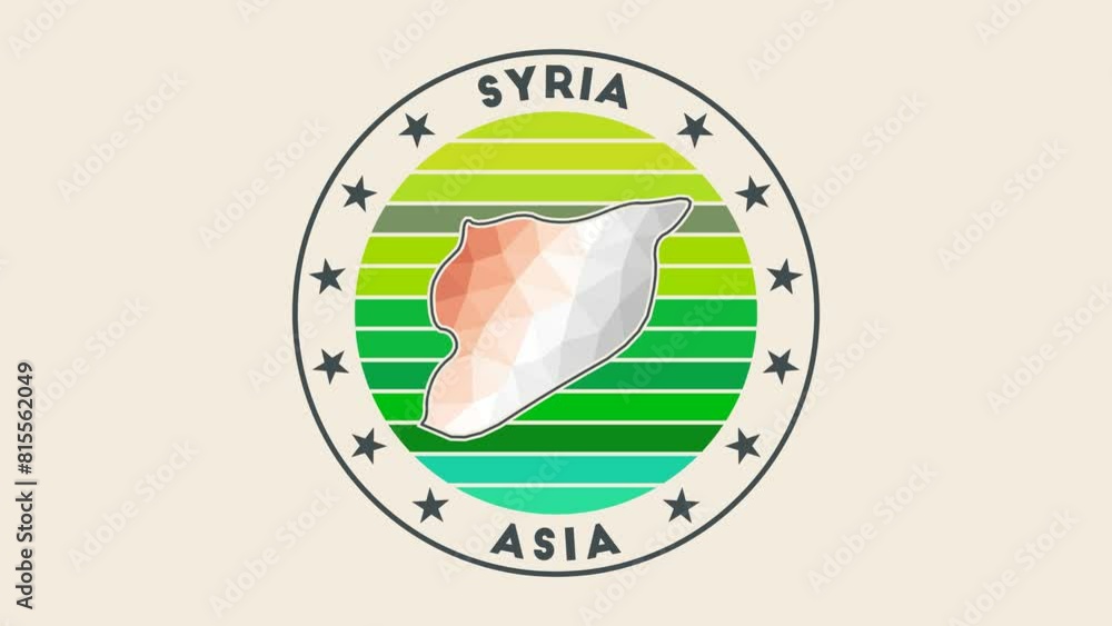 Poster syria intro video. badge with the circular name and map of the country in low poly tech geometric st