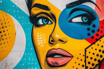 Pop art style mural of colorful woman face closeup