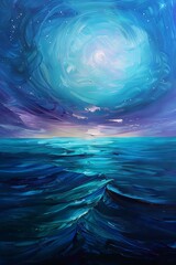 Swirling vortex over ocean waves in vibrant blues and purples