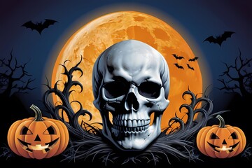 Halloween background with pumpkins and skull 