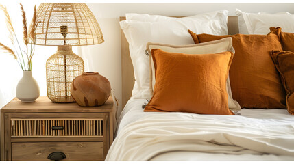 Brown and orange pillows on white bed in natural bedroom interior with wicker lamp and wooden bedside table with vase : Generative AI
