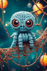 Macramé, crocheted cute mascot spider, sitting on a net