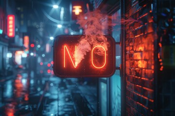 Fototapeta premium A glowing neon sign displaying the word 'NO' on a rainy city street at night, reflecting a stark and moody atmosphere