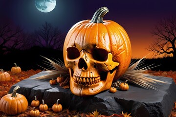 Halloween pumpkin skull at night scene 