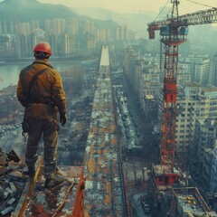 engineer inspecting a bridge for structural integrity in a bustling Chinese city