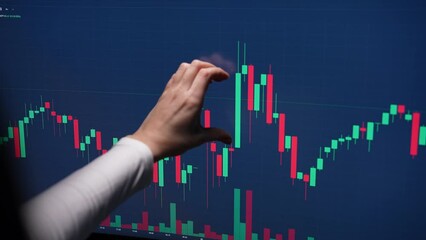 Successful female trader showing with hand heart gesture on computer screen with graphs and charts stock market. Concept of investing money on shares, analyzing stock market and financial, slow motion