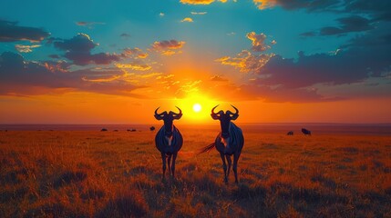 Two blue wildebeest  stand silhouetted at sunset Serengeti  Tanzania Generative AI