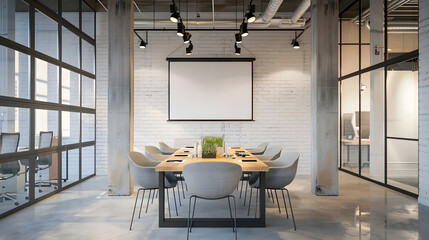 Office in a loft style with white brick walls and concrete columns There is a meeting zone with a large wooden table with gray chairs and glass partitions Above the table there is a pr : Generative AI - Powered by Adobe