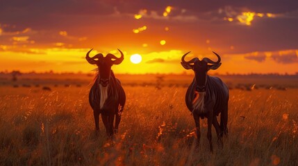 Two blue wildebeest  stand silhouetted at sunset Serengeti  Tanzania Generative AI - Powered by Adobe