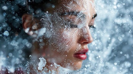 A woman's face is covered in water droplets, creating a blurry, dreamy effect