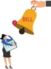 Bill payment, shopping costs or credit card payments, financial service to pay for transaction, bill payment reminder concept, businesswoman with bill payment paper and notification bell