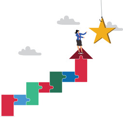 Strategy to achieve hope in business or career, journey to achieve new hopes of career development, businesswoman making ladder from puzzle to reach the star symbolizing successful goal achieve