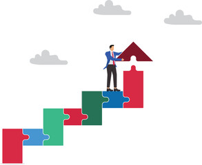 Strategy to growing business with businessman building an upward arrow using puzzle, effort and creativity to achieve career success