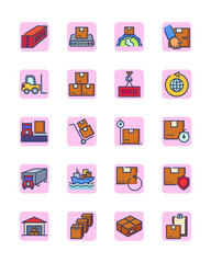 Cargo shipping line icon set. Storage in warehouse, boxes on forklift, crane lifting container, transport ship. Thin icon collection for logistics, delivery, freight, export, distribution topics