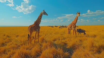 Two giraffes  walking in a field in the grasslands of the savanna with a warthog and an antelope in the background Maasai Mara National Park Kenya Africa Generative AI