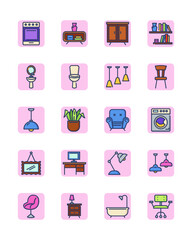 Home furniture icon set. Kitchen appliance, armchair for living room, cupboards, bathroom, light, workplace table. Vector pictograms for house interior and household concept