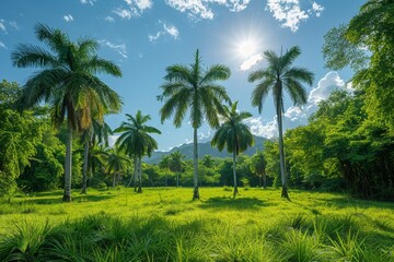 Fototapeta premium Palm Tree Forest in Tropical Paradise: Lush greenery with clear blue skies