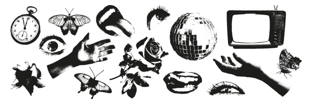 Trendy halftone stipple effect elements set Mouths, eyes, hands, rose, butterfly, old TV, vintage watch and disco ball. Grunge punk grain dots texture for y2k collage design Modern vector illustration