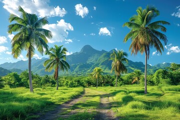 Obraz premium Palm Tree Forest in Tropical Paradise: Lush greenery with clear blue skies