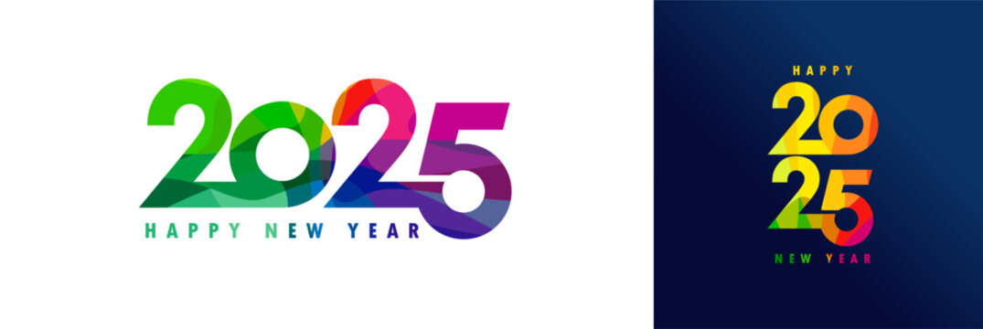 2025 Happy New Year typography colored facet logo design. Numbers 2025 from colored stained glass, Happy New Year creative style elements. Vector illustration