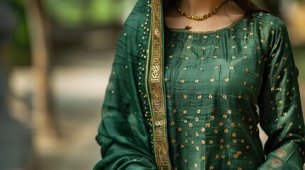 A woman wearing a green dress with gold embroidery and a gold necklace.

