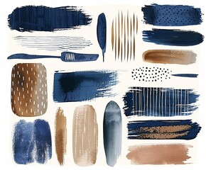 Abstract hand drawn shapes and textures in navy blue, beige, brown, cream on a white background...