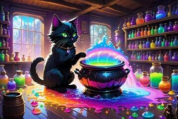 Cat with a witchcraft bowl halloween illustration