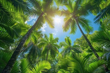 Fototapeta premium Palm Tree Forest in Tropical Paradise: Lush greenery with clear blue skies