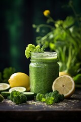 A glass of healthy green smoothie with fresh ingredients on a wooden table.
