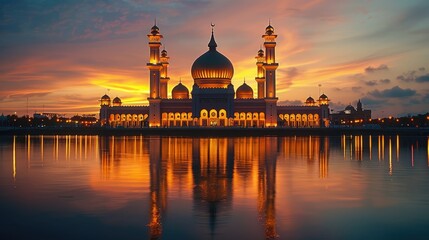 A beautiful photo of a mosque with a golden dome and minarets, reflecting in the still water below. - Powered by Adobe