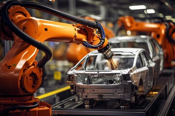 The photo shows a robotic arm welding a car body in an automotive assembly plant.