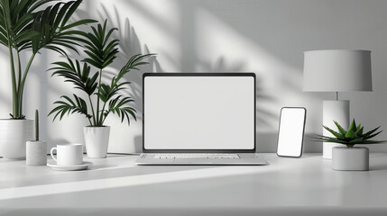 A laptop on a desk next to a potted plant and a cup with blank screen