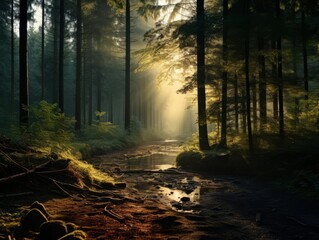 Obraz premium The photo shows a beautiful forest with a stream running through it. The sun is shining through the trees, creating a magical atmosphere.