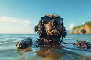 Cool dog swimming in ocean with sunglasses