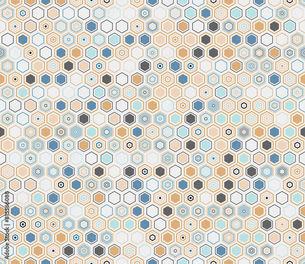 Poster Tileable mosaic background featuring geometric shapes of varied styles and colors. Seamless pattern with hexagon shapes.