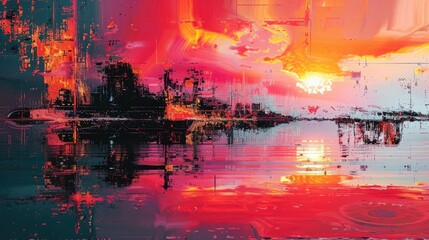 A beautiful sunset over a lake with a glitch effect.