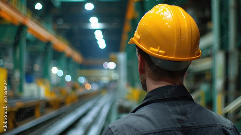 Poster smart civil engineer with safety helmet looking at production line while standing in front of factor